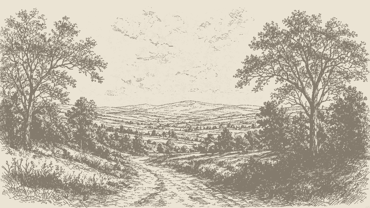 Engraving of a dirt path on the Struble Trail, looking out over open fields