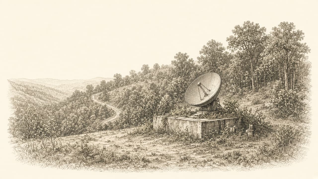 Engraving of the Willistown Nike Site, a radar dish on a wooded hill
